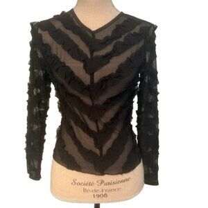 FLORA NIKROOS NEW Black Ruffled Sheer Top blouse tee long sleeve Size S USA